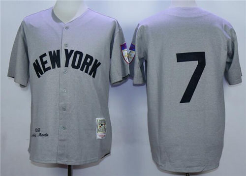 Men's New York Yankees #7 Mickey Mantle 1951 Gray Wool Mitchell & Ness Throwback Jersey