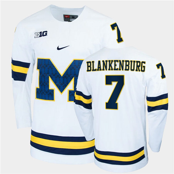 Mens Michigan Wolverines #7 Nick Blankenburg Stitched Nike White BIG M Hockey Jersey