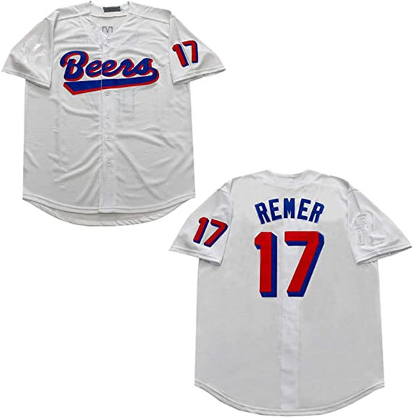 Men's The BASEketball Beers Movie #17 Doug Remer Button Down White Baseball Jersey