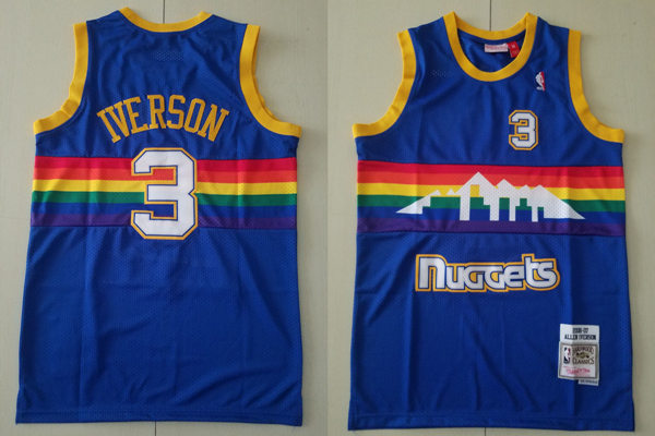 Men's Denver Nuggets Retired Player #3 Allen Iverson Stitched Blue Rainbow Mitchell&Ness 2006-2007 Hardwood Classics Swingman Jersey 