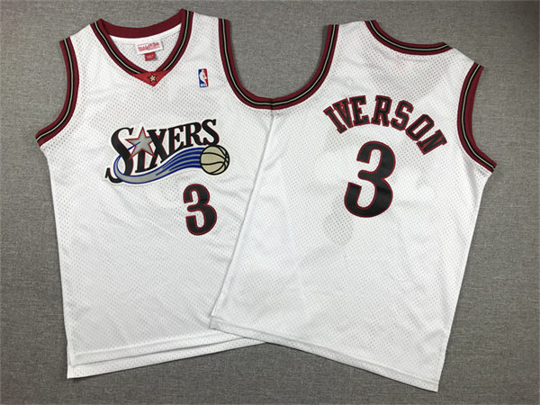 Youth Philadelphia Sixers #3 Allen Iverson White 2000-01 Throwback Jersey
