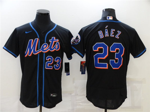 Mens New York Mets #23 Javier Baez Nike 2021 Black With Strip Retro Jersey