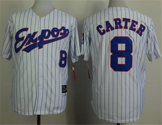 Men's Montreal Expos #8 Gray Carter 1982 White Pinstripe Throwback Jersey