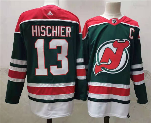 Mens New Jersey Devils #13 Nico Hischier Green Adidas 2021 Reverse Retro  Jersey