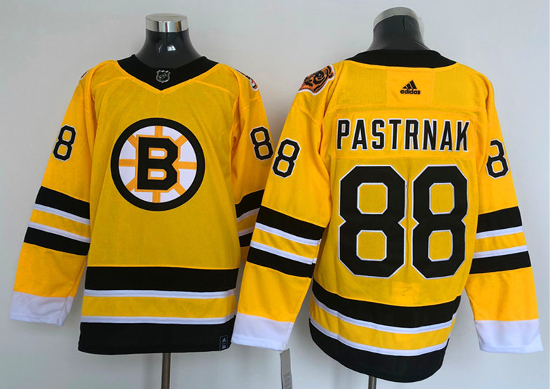 Mens Boston Bruin #88 David Pastrnak Yellow 2021 adidas NHL REVERSE RETRO JERSEYS