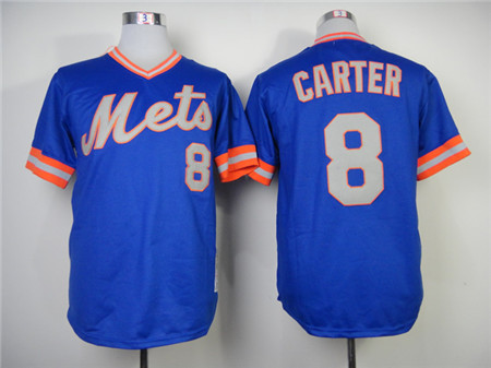 Men's New York Mets #8 Gary Carter Blue Pullov Throwback Jersey