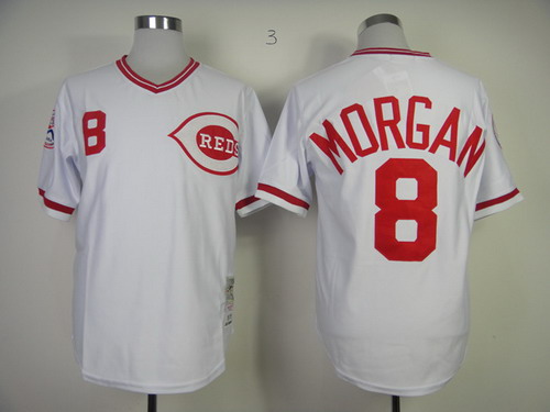 Mens Cincinnati Reds #8 Joe Morgan 1975 White Pullover Cooperstown Throwback jersey