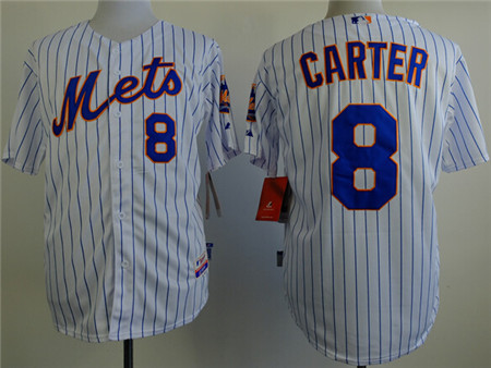 Men's New York Mets Throwback Player #8 Gary Carter White Pinstripe Cool Base Jersey