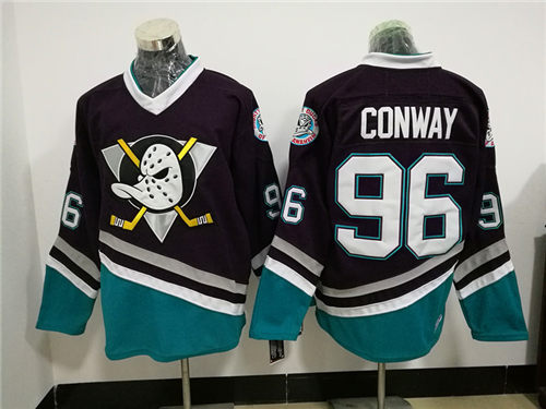 Men's Mighty Ducks Of Anaheim #96 Charlie Conway 1995-96 Purple CCM Throwback Stitched Vintage Hockey Jersey