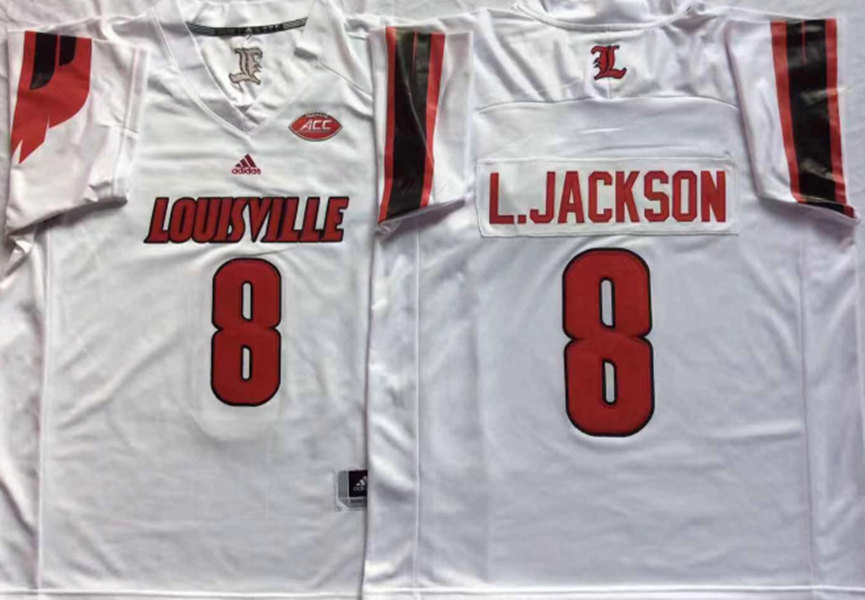 Men's Louisville Cardinals #8 Lamar Jackson White Stitched College Football adidas NCAA Jersey