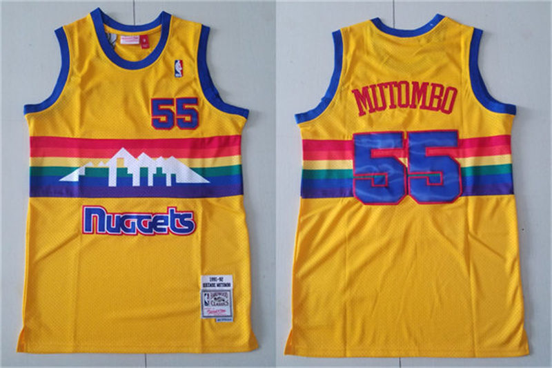 Mens Denver Nuggets #55 Dikembe Mutombo Gold Reload 2.0 Hardwood Classics Jersey