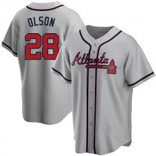 Mens Atlanta Braves #28 Matt Olson Nike Road Grey Cool Base Player Jersey