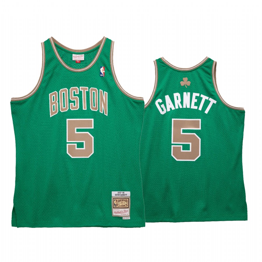 Mens Boston Celtics #5 Kevin Garnett Green Gold Mitchell & Ness Hardwood Classics 2007-08 St Patricks Day Jersey