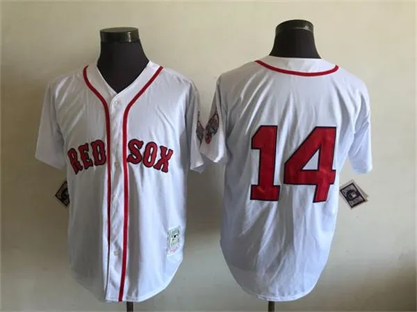 Men's Boston Red Sox #14 Jim Rice White Buttons 1987 Mitchell & Nes  Throwback Jersey