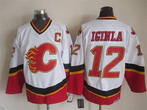 Men's Calgary Flames #12 Jarome Iginla 2000-01 White CCM Vintage Throwback Jersey