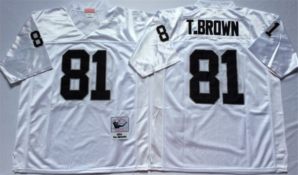 Mens Oakland Raiders #81 Tim Brown White Mitchell & Ness Stitched Throwback Jersey