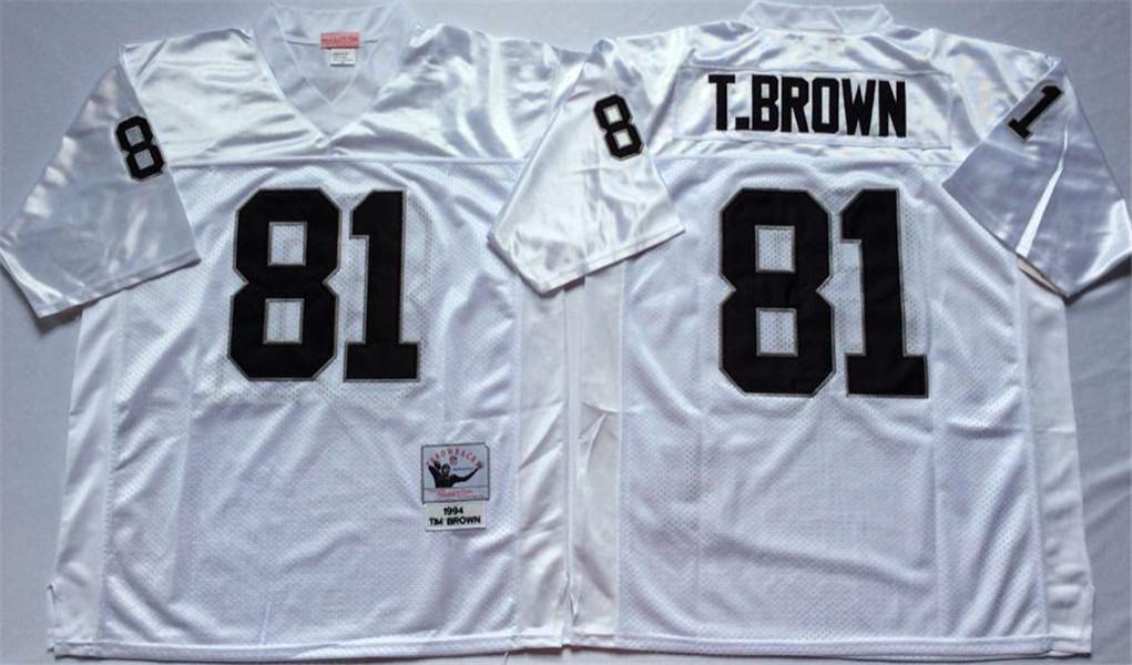 Mens Oakland Raiders #81 Tim Brown White Mitchell & Ness Stitched Throwback Jersey