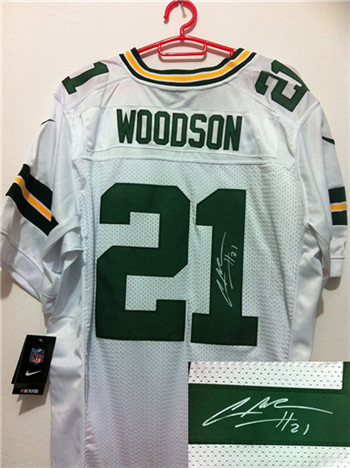 Green Bay Packers #21 Charles Woodson White Nike Signed Elite Jersey