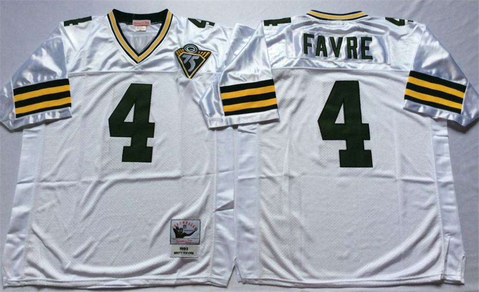 Men's Green Bay Packers #4 Brett Favre White 75TH Mitchell&Ness Throwback Jersey
