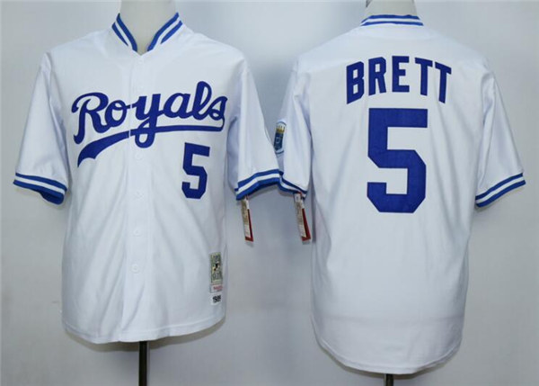 Men's Kansas City Royals Retired Player #5 George Brett White Throwback Jersey