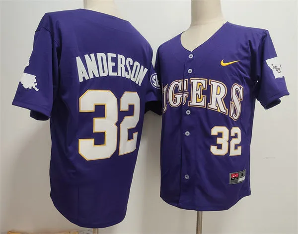 Mens Youth LSU Tigers #32 Kade Anderson 2025 Purple College Baseball Game Jersey