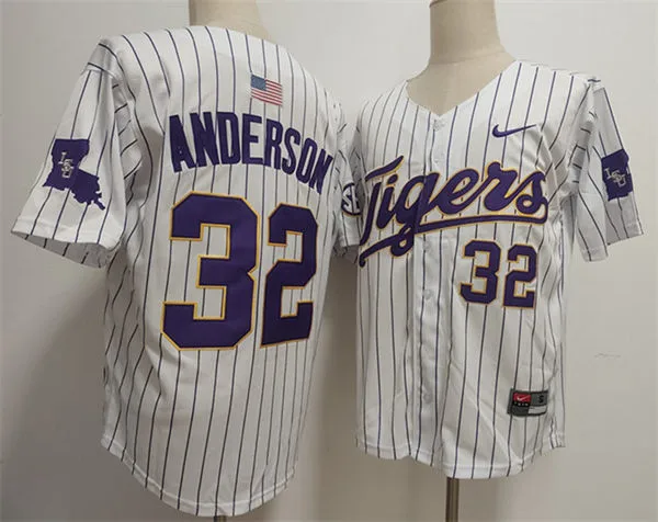 Mens Youth LSU Tigers #32 Kade Anderson Nike 2025 White Pinstripe College Baseball Game Jersey