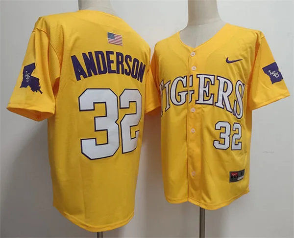 Mens Youth LSU Tigers #32 Kade Anderson 2025 Gold College Baseball Game Jersey