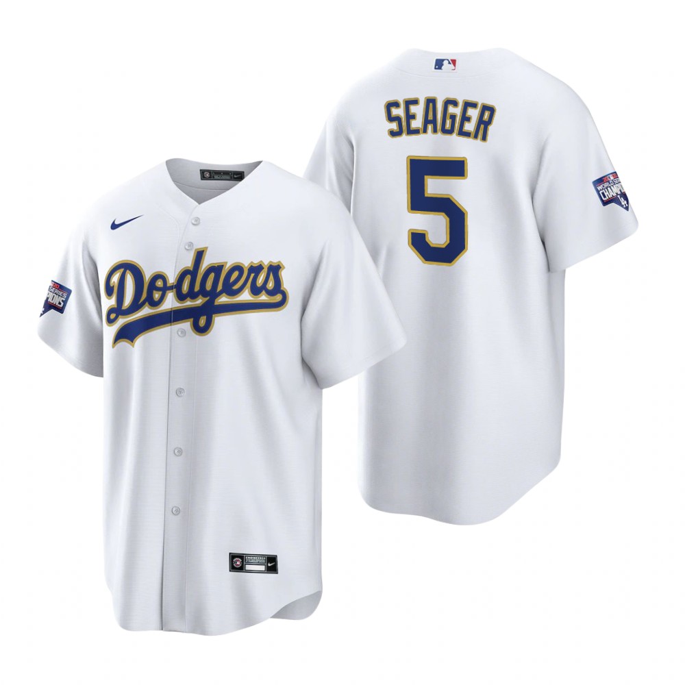 Men's #5 Corey Seager Nike White/Gold Los Angeles Dodgers 2021 Gold Program Player Jersey