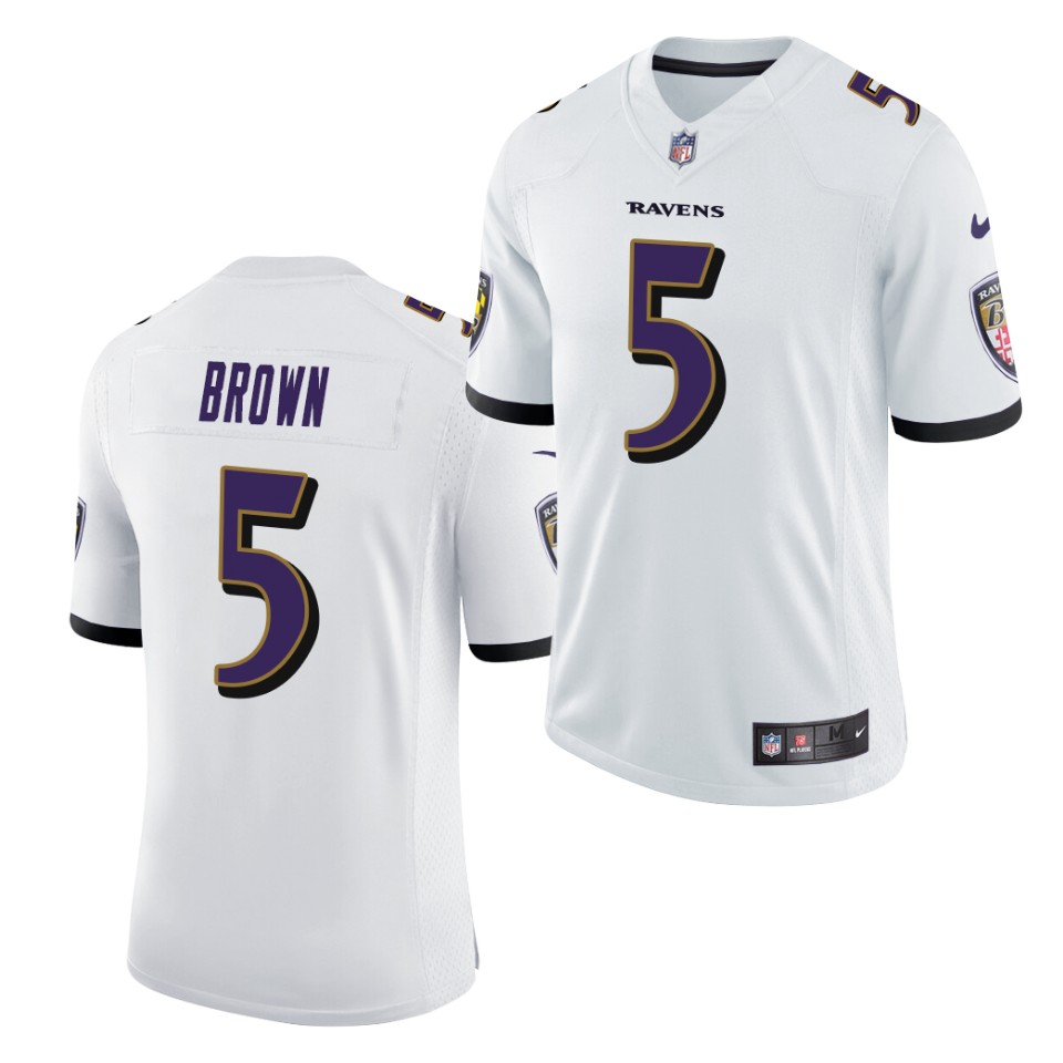 Men's Baltimore Ravens #5 Marquise Brown Nike White Vapor Limited Player Jersey