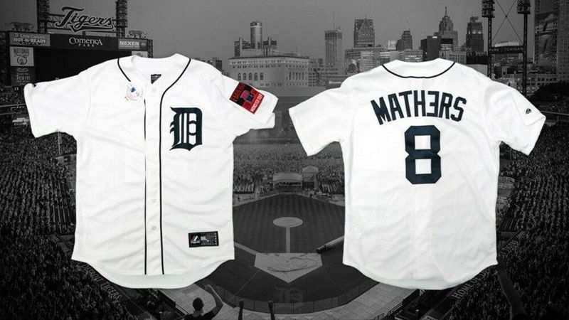 Mens #8 MARSHALL MATHERS III Detroit Tigers Jersey White Stitched Eminem The Monster Tour Baseball Jersey