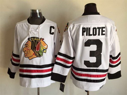Men's Chicago Blackhawks Throwback Player #3 Pierre Pilote 1967 Road White Premier Jersey by CCM