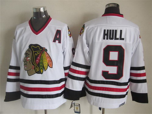Men's Chicago Blackhawks #9 Bobby Hull White CCM 1971 Vintage Throwback Jersey