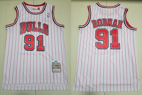 Mens Chicago Bulls #91 Dennis Rodman White Pinstripe Mitchell & Ness Hardwood Classics Reload Jersey