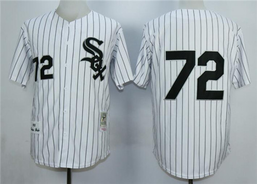 Men's Chicago White Sox #72 Carlton Fisk Throwback Jersey  White With Black Pinstripe