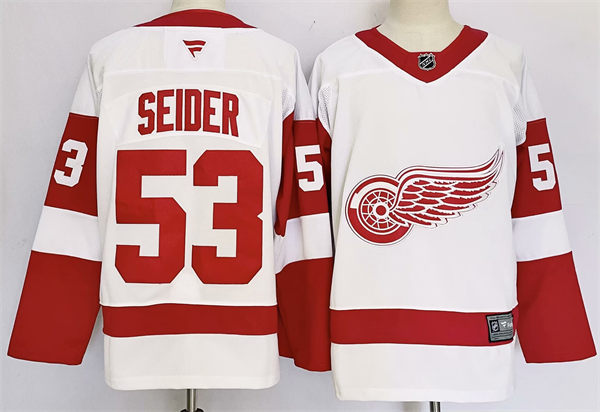 Men's Detroit Red Wings #53 Moritz Seider Fanatics White Away Jersey