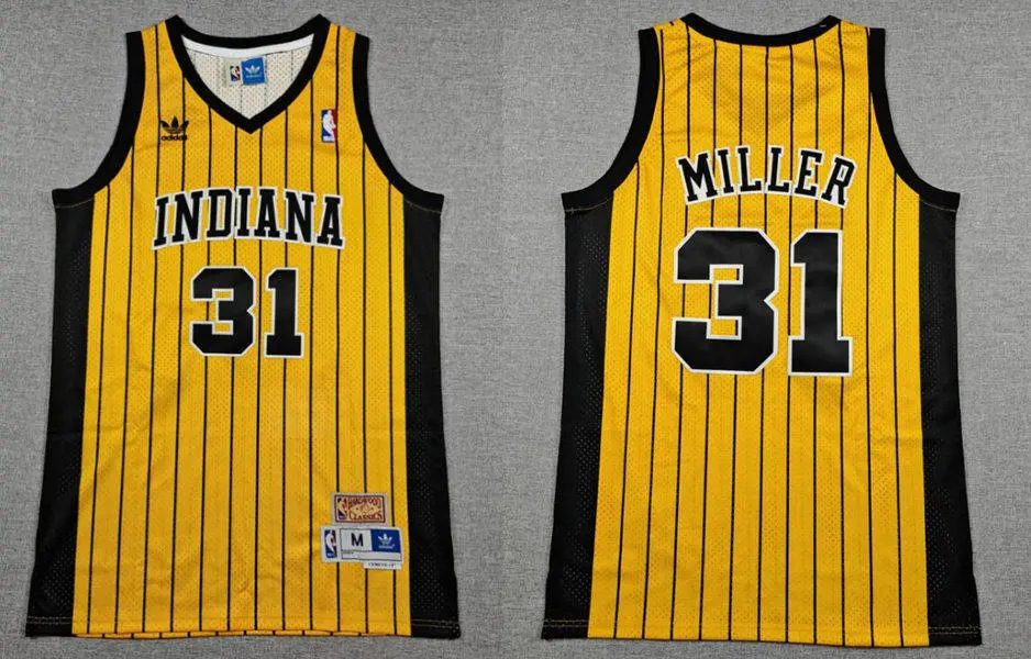 Men's Indiana Pacers #31 Reggie Miller Gold Pinstripe Throwback Swingman Jersey
