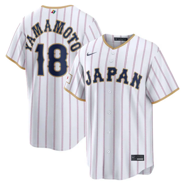 Japan #18 Yoshinobu Yamamoto 2026 World Baseball Classic Jersey White Pinstripe