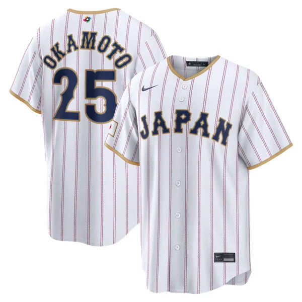 Japan #25 Kazuma Okamoto 2026 World Baseball Classic Jersey White Pinstripe