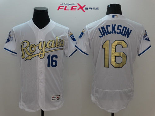 Men's Kansas City Royals  Retired Player #16 Bo Jackson White World Series Champions Gold Program Jersey