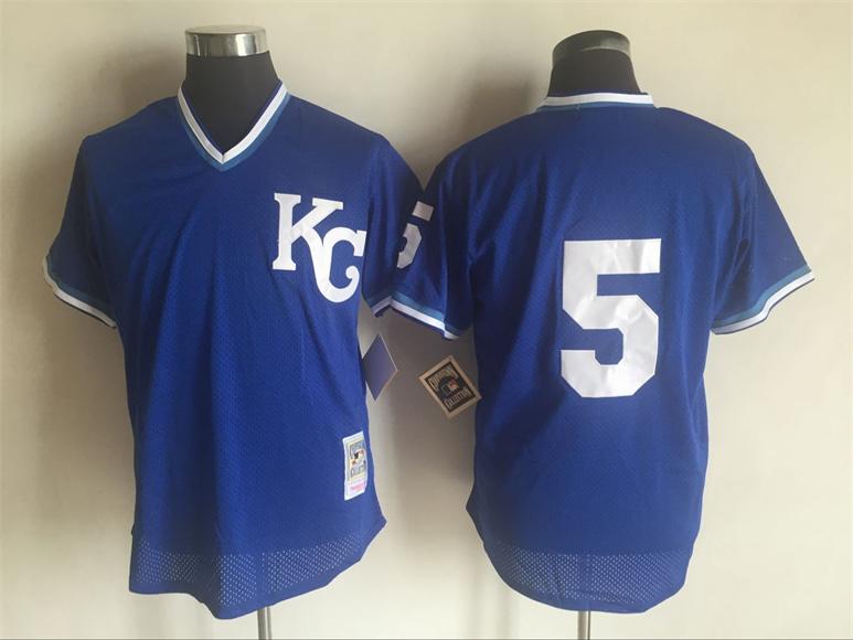 Men's Kansas City Royals #5 George Brett KC Navy Blue Pullover Throwback Jersey By Mitchell & Ness