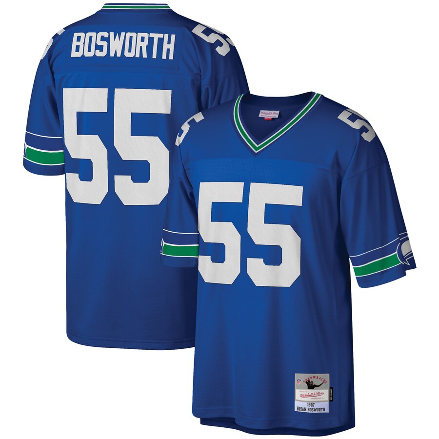 Mens Seattle Seahawks #55 Brian Bosworth 1987 Royal Mitchell & Ness Legacy Throwback Jersey