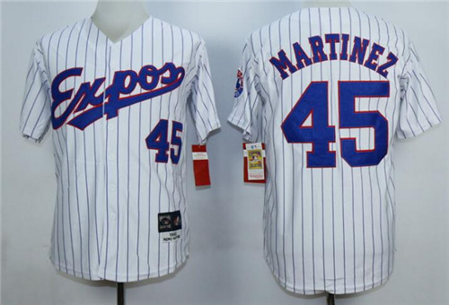 Men's Montreal Expos #45 Pedro Martinez White Pinstripe Throwback Jersey