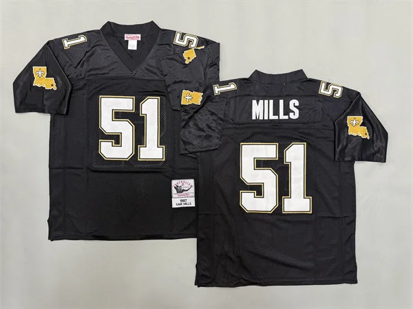 Mens New Orleans Saints #51 Sam Mills Black 1987 Mitchell & Ness Throwback Football Jersey
