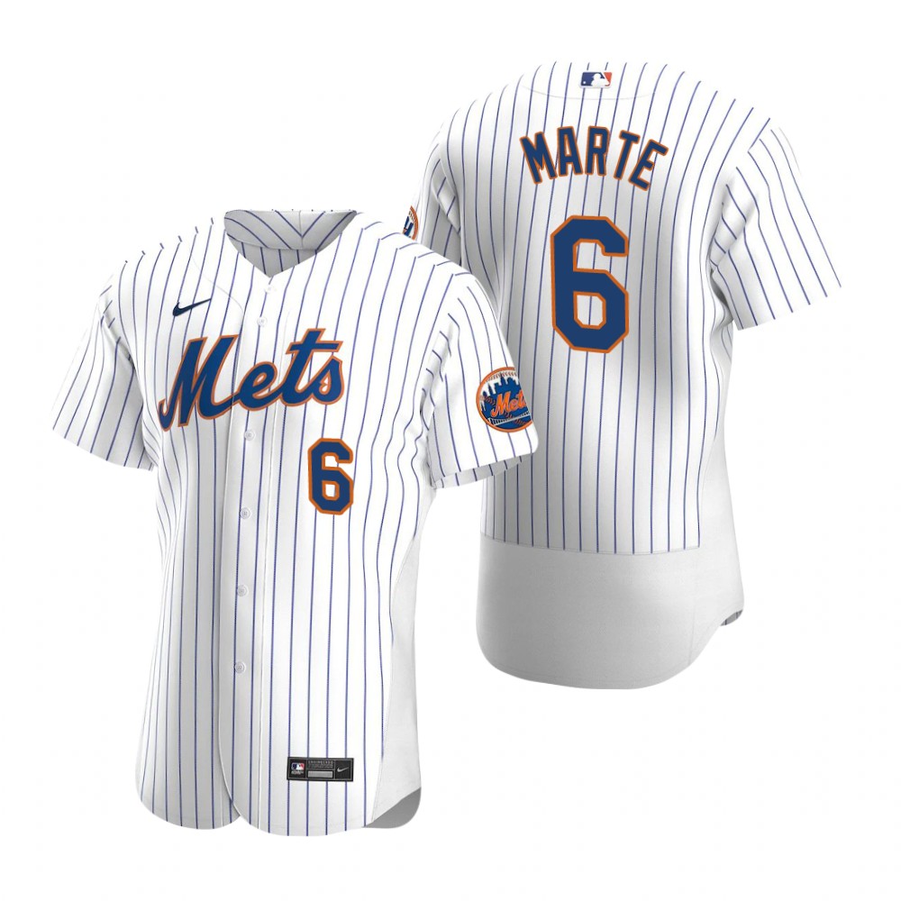 Mens New York Mets #6 Starling Marte Nike Home White Pinstripe FlexBase Jersey