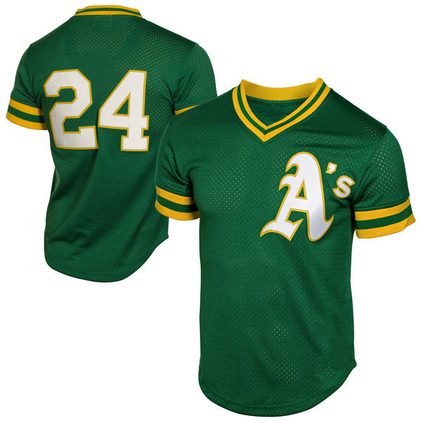 Men's Oakland Athletics #24 Rickey Henderson Mitchell & Ness Green Mesh 1991 Cooperstown Jersey