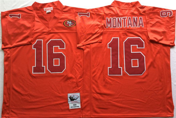 Mens San Francisco 49ers #16 Joe Montana Red With SF patch Mitchell&Ness NFL  Throwback Jersey