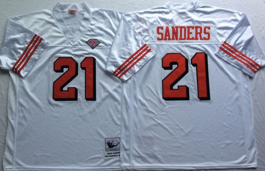 Men's San Francisco 49ers #21 Deion Sanders White 75TH throwback NFL Jersey