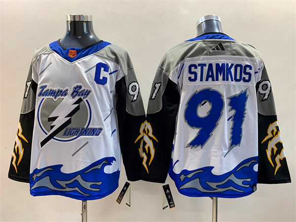 Men's Tampa Bay Lightning #91 Steven Stamkos White Blue 2022 Reverse Retro Primegreen Jersey