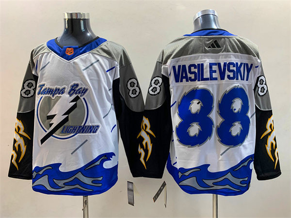 Men's Tampa Bay Lightning #88 Andrei Vasilevskiy White Blue 2022 Reverse Retro Primegreen Jersey
