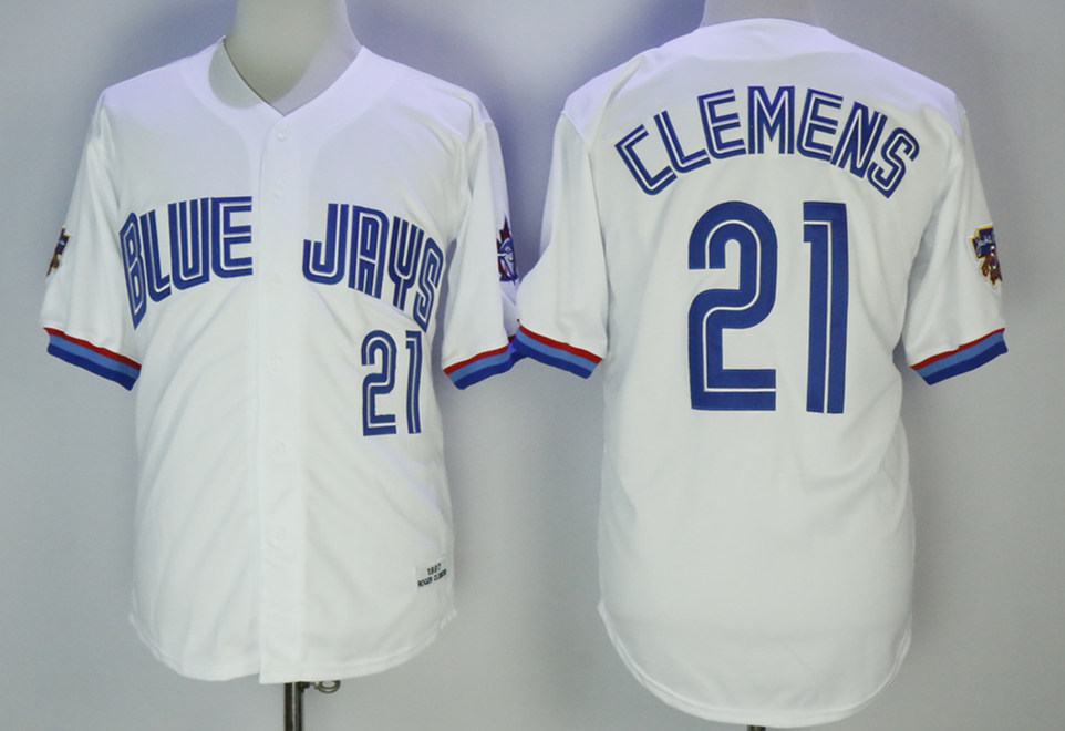 Men's Toronto Blue Jays #21 Roger Clemens White 1997 Throbwack Baseball Jersey